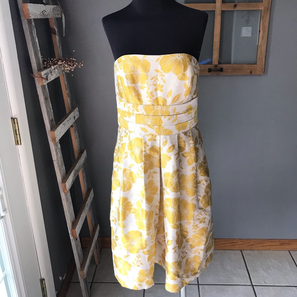 Ann Taylor Gold Floral Cotton Silk Strapless Dress